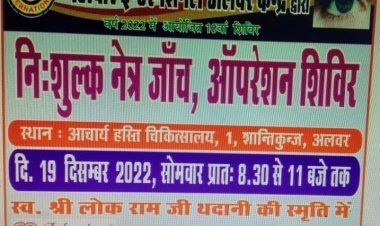 स्व श्री लोक राम जी थदानी की पावन स्मृति में   निशुल्क नेत्र जाँच एवं ऑपरेशन शिविर 19  दिसम्बर  2022 को